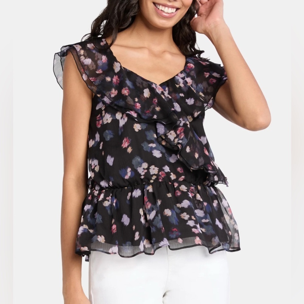 TIME & TRU RUFFLE WRAP CHIFFON SWIRLING FLORAL BLACK BLOUSE TOP NEW - Picture 5 of 6